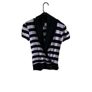 Discreet Black & White Short sleeves Wrap Cross Front Blouse Top | Size S